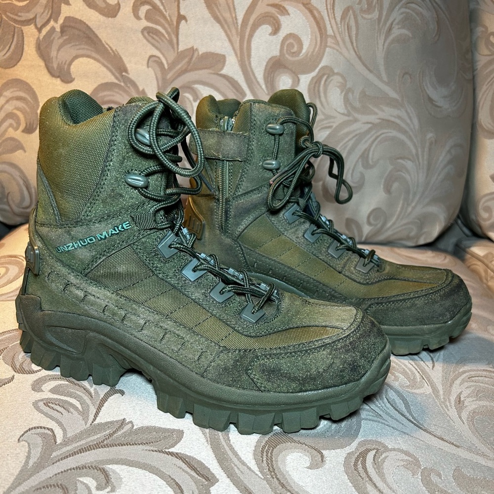 Unzhuo Make 5.AA Men’s 42 Olive Green Tactical Hiking Boots Shoes Full Lace